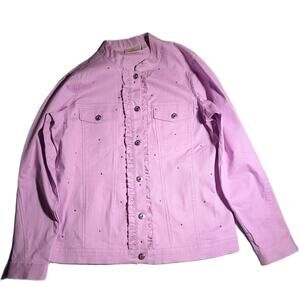 Vtg Y2K Quacker Factory Lilac Pink Stone Embellished Ruffle Denim Jacket Sz S